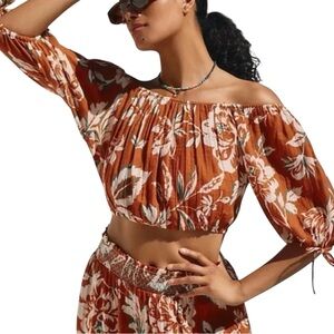 Anthropologie Floral Off-Shoulder Top in Brown and White Size M